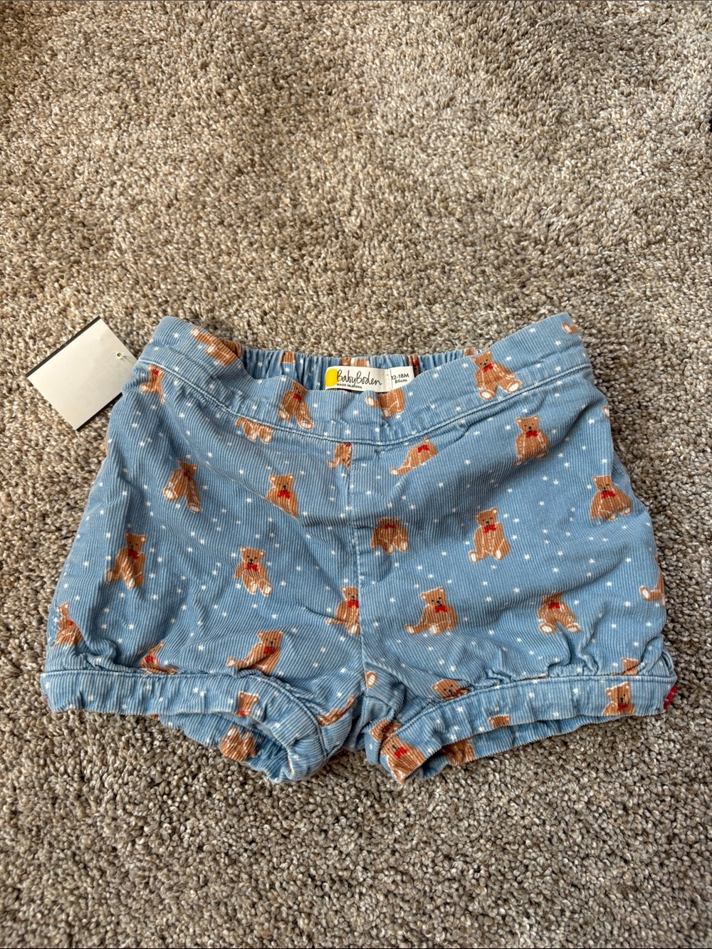 Baby Boden Blue Teddy Bear Print Corduroy Shorts 12/28 Months